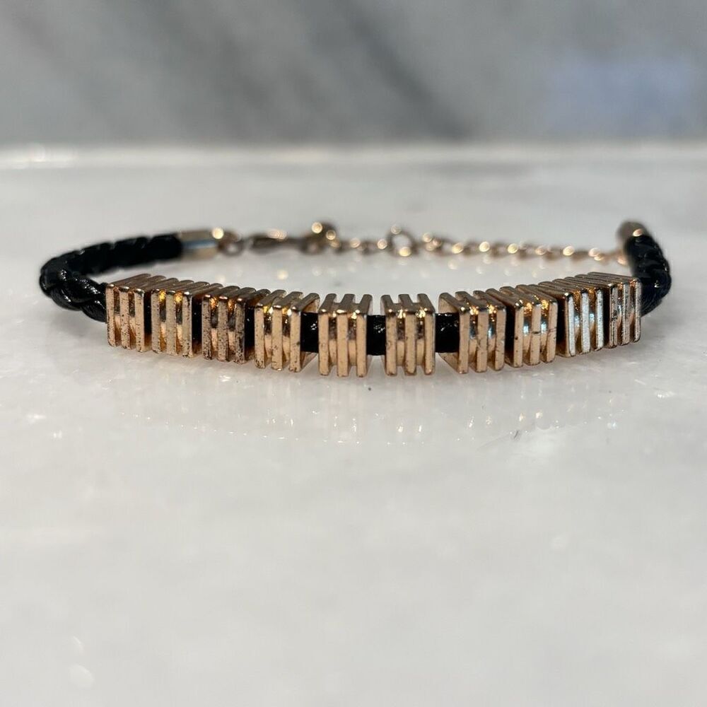 Vtg Zara Braided Rope Leather Cord Linked Square Disc Bracelet Goldtone Black OS